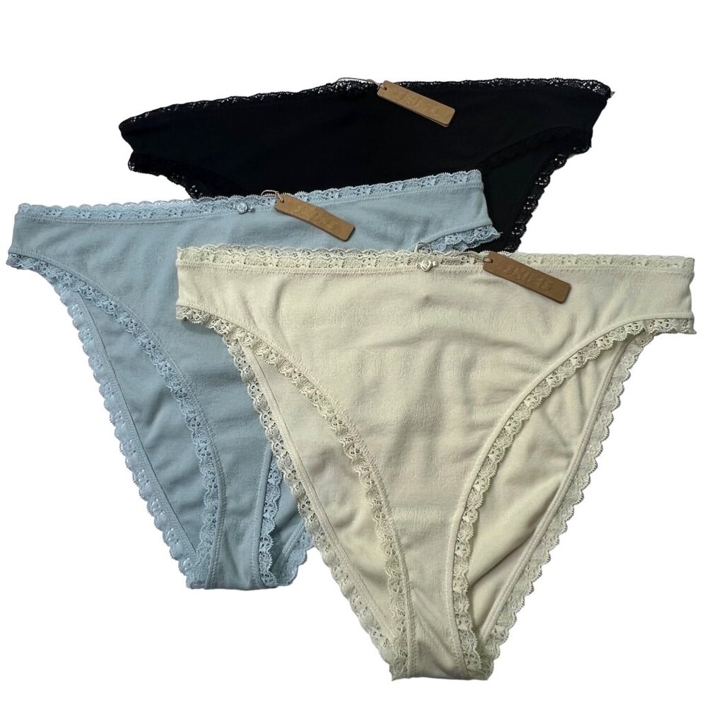 SKIMS Lace Pointelle Cheeky Brief Lot of 3 Bone Sky Onyx Womens 4X